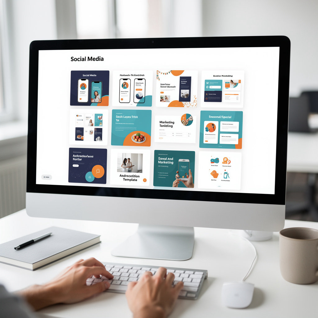 Social Media Template Design professional Canva templates gallery showcasing Instagram posts, TikTok, Pinterest and presentation designs